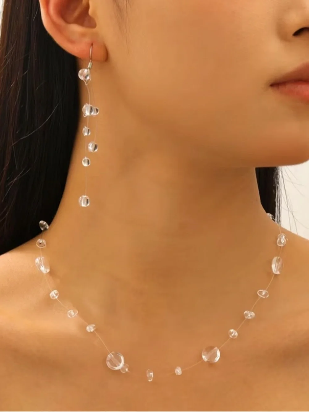 Astrid Floating Clear Drop Jewelry Set Necklace & Long Earrings New